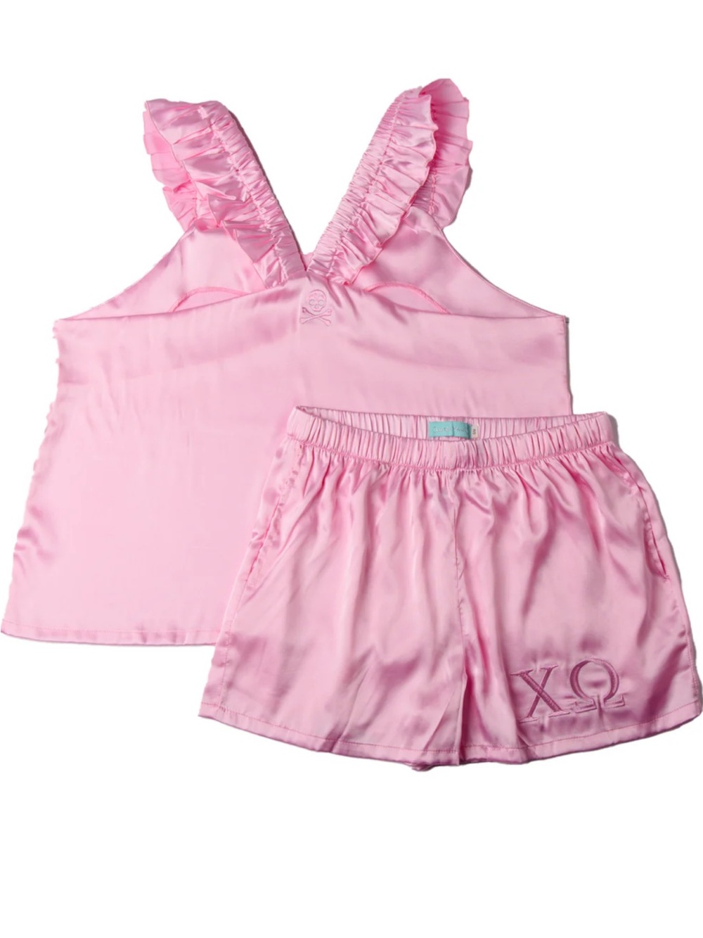 Over the Moon Greek  Chi-0 S/M Pink Ruffle Strap Satin Sleep Short Set